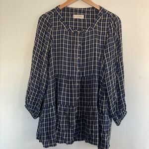Lucky Brand Button Down Checkered Plaid 3/4 Tiered CottageCore Blue L EUC